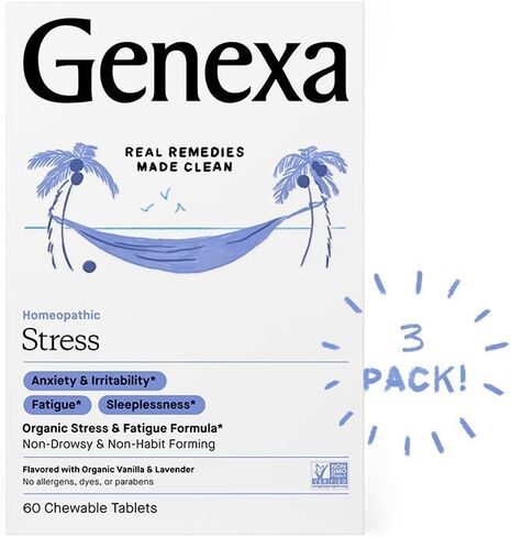 الإجهاد Genexa للبالغين | تخفيف القلق وعلاج التعب | نكهة الفانيليا واللافندر الطبيعية المهدئة | خالي من الغلوتين وغير معدل وراثيًا | علاج المثلية أصبح نظيفًا | 180 قرصًا قابلًا للمضغ (3 عبوات) in Kuwait