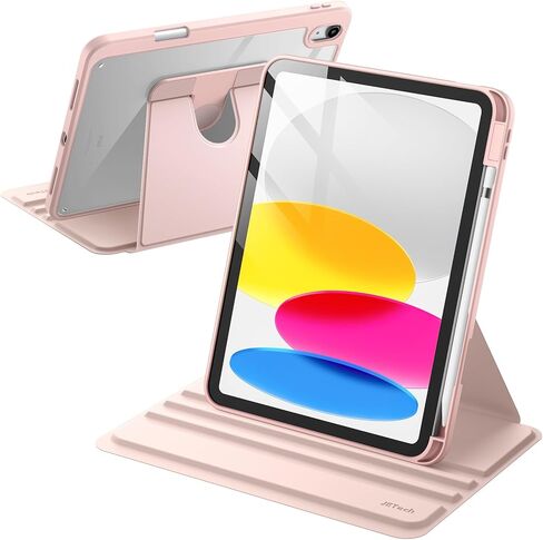 حافظة JETech دوارة لجهاز iPad 10 (10.9 بوصة، موديل 2022، الجيل العاشر) مع حامل قلم رصاص، غطاء حامل واقٍ يدور 360 درجة، ظهر شفاف، تنبيه/غفو تلقائي (وردي) in Kuwait