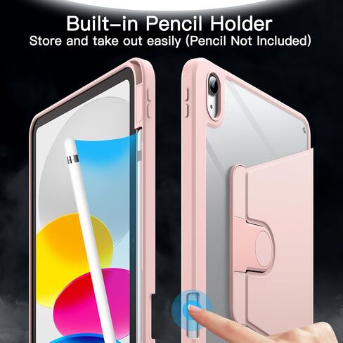 حافظة JETech دوارة لجهاز iPad 10 (10.9 بوصة، موديل 2022، الجيل العاشر) مع حامل قلم رصاص، غطاء حامل واقٍ يدور 360 درجة، ظهر شفاف، تنبيه/غفو تلقائي (وردي) in Kuwait