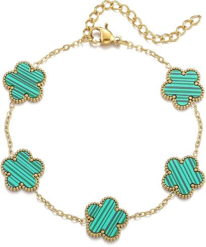RWQIAN 18K Gold Plated Five Leaf Lucky Clover Bracelets for Women,White/Black/Red/Green/Blue/Pink Clover Link Flower Charm Bracelets,Adjustable Clover Bracelet Chain Jewelry Gifts Trendy for Birthday in Kuwait
