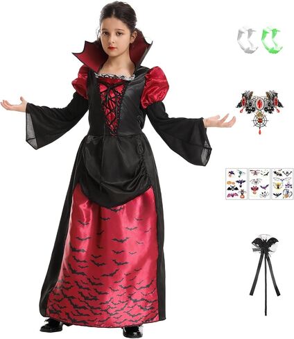 زي مصاص الدماء الملكي للفتيات أزياء الهالوين على الطراز القوطي الفيكتوري Vampiress Queen فستان لعب الأدوار مع الملحقات in Kuwait