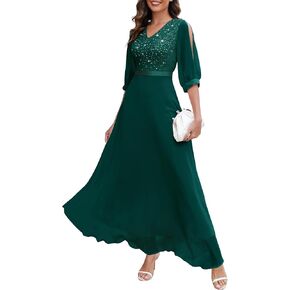Wedtrend Women's Sequin Dress Sparkly Glitter Dress Split Sleeves Formal Dresses Maxi Evening Dress