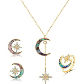 3 Pcs Crescent Moon and Star Jewelry Set for Women - Stylish Necklace Earrings Ring Set, 14K Gold Plating, Hypoallergenic, Perfect for Friends, Wives, Mothers