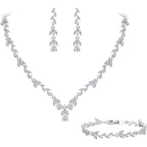 EVER FAITH Jewelry Set for Women Bride, Elegant Leaf Marquise Teardrop Cubic Zirconia Necklace Dangle Earrings Bracelet Set for Wedding Banquet Party