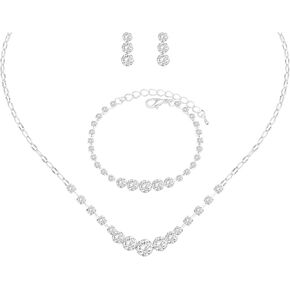 Silver Jewelry Set for Women Crystal Choker Necklace Earrings Link Bracelet Bridal Wedding Jewelry for Brides Bridemaid Prom Costume Accessories