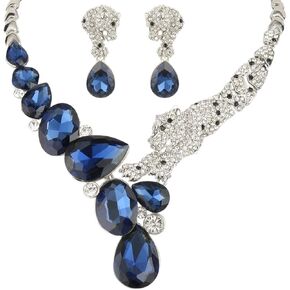 EVER FAITH Blue Sapphire Color Crystal Teardrop Leopard Animal Necklace Earrings Set Silver-Tone