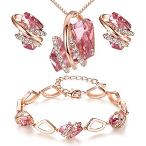 Leafael Wish Stone Necklace, Stud Earrings, and Bracelet Jewelry Set for Women, October Birthstone Vintage Pink Crystal Jewelry, Silver Tone Gifts for Women