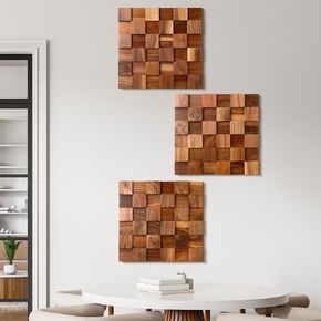 3 Pcs 3D Wood Wall Art 11.8'' x 11.8'' Rugged Mosaic Wood Wall Decor Rustic Block Wooden Wall Art Vintage Brick Carved Wood Wall Art for Living Room Bedroom Aesthetic, Ready to Hang