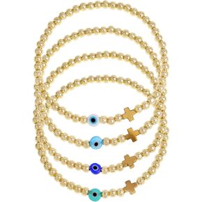 Gold Beaded Cross Stack Bracelets Set for Women, Colorful 4Pcs Boho Evil Eye Trendy Handmade Elastic Stretch Stackable Friendship Bracelets Prom Jewelry Gift.