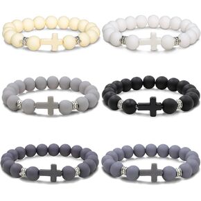 6 Pcs Silicone Cross Bracelet Set for Men Women, 8mm Cross Beaded Stretch Bracelets, 6 colors Cross Beads Bracelet with Metal Knot, Friendship Cross Bracelet Christian Baptism Gifts