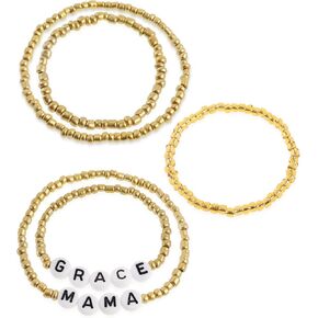 Gold Beaded Initial mom Bracelets for Woman, Dainty Letter Flower Beaded Stretch Stackable Bracelet Mother’s Day Jewelry Gift