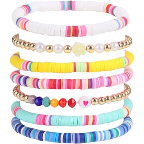 COLORFUL BLING Heishi Surfer Beaded Stretch Bracelets Set for Women Layered Stackable Clay Beads Flowers Bracelets Friendship Boho Summer Beach Hawaiian Jewelry