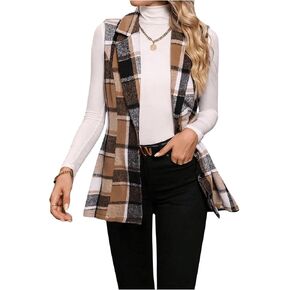GORGLITTER Women's Plaid Checkered Sleeveless Blazer Jackets Lapel Neck Vest Coat Outerwear
