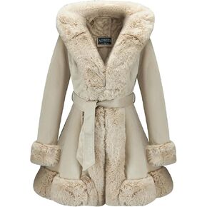 Suede Jacket With Faux Fur Collar for Women,Winter Warm Coat with Belt Outerwear