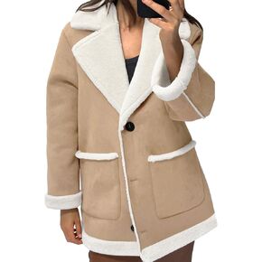Tankaneo Womens Faux Sherpa-Lined Jackets Fuzzy Fleece Lapel Long Sleeve Coat Suede Winter Warm Outerwear