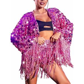 JAKAWIN Women's Light Up Sequin Fringe Jacket Coat Sparkly Long Sleeve Tassel Coat Night Club Disco Jackets
