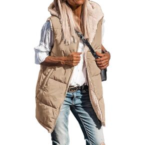 Womens Winter Long Puffer Vest Reversible Zip Up Sherpa Fleece Hoodie Sleeveless Coat Outwear