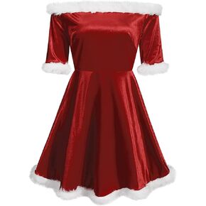 Women's Mrs.Claus Santa Costume Velvet Hoodie Christmas Dress Role-Playing Cosplay Suit Bodycon Party Mini Dress