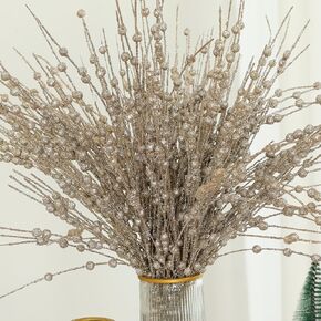 عيد الميلاد الاصطناعي بريق هولي التوت الجذعية، 12pcs وهمية عيد الميلاد الشمبانيا الذهب التوت فروع الأغصان 16.5in هولي التوت الجذعية يختار لشجرة عيد الميلاد ترتيبات الزهور زهرية ديكور المنزل