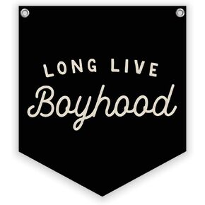 Vintage Room Decor,Long Live Boyhood Linen Banner,Boy Bedroom Wall Hanging Banner Pennant Flag Decor for Nursery Playroom Toddler Nursery Decor Kids Room,12.4x14 in(Navy blue)