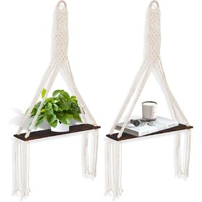 قطعتان من رف معلق على الحائط من Macrame، رف نباتي ريفي لمنزل المزرعة، أرفف عائمة للعرض الخشبي من Boho، رف مثلث من حبل Macrame لغرفة النوم والحضانة وغرفة المعيشة والحمام