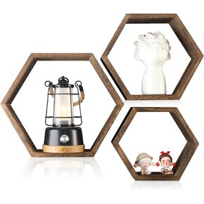 3-Pack Hexagon Shelves for Wall Wood Floating Shelves Honeycomb Shelves for Wall Wooden Shelves for Bathroom Kitchen Bedroom Living Room Floating Wood Shelves for Home Decor (Dark Color)