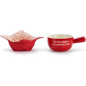 DEMDACO Tis The Season Red 16 Ounce Soup Crock and Pot Holder Bowl Cozy Set of 2