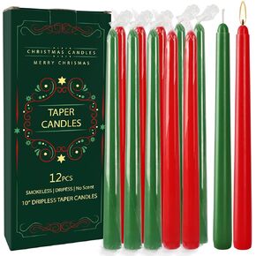 12-Pack 10-Inch Green & Red Christmas Taper Candles - Perfect for Holiday Decorations and Parties