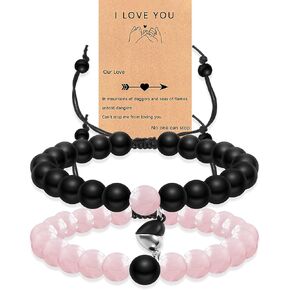 Tondiamo Matching Couple Bracelet Gift Black and Pink Magnetic Healing Natural Bead and Stone Stretch Bracelet Adjustable Bracelet Favor Greeting Card for Valentine's Day Boyfriend Girlfriend Husband