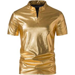 Lars Amadeus Metallic T-Shirt for Men's Stand Collared Shiny Disco Party Short Sleeves Polo Tee