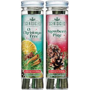 Scentsicles O Christmas Tree and Snowberry Pine Scented Christmas Ornaments with Hooks - 2 Pack (2 Bottles, 12 Sticks Total)