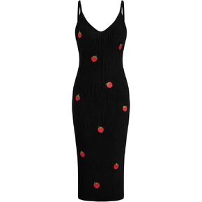 CIDER Knitted V-Neck Strawberry Embroidery Midi Dress