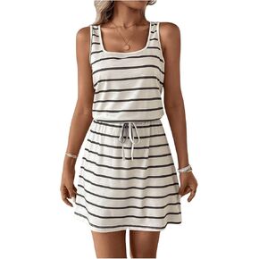Women's Summer Dress Stripe Colorblock Sleeveless Drawstring Tank Dress Casual Short Dress Sundress