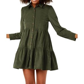 R.Vivimos Womens Fall Corduroy Dress 2025 Long Sleeve Button Down Tunic Mini Babydoll Dress with Pockets