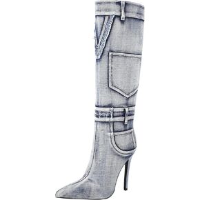 vivianly Women's Knee High Boots Denim Pointed Toe Stiletto Heel Long Boots