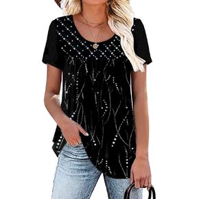 Womens Summer Plus Size Tops Blouses Short Sleeve Shirts Lace Pleated Tunic Tops M-4XL