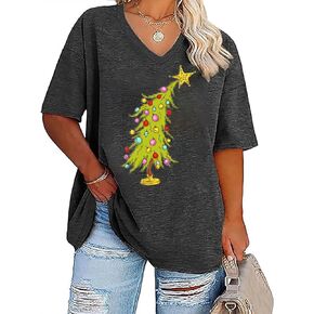 FCHICH Plus Size V Neck Merry Christmas T Shirt Women Cute Xmas Trees Graphic Tee Casual Loose Fit Holiday Tops Blouse