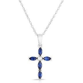 14K White Gold Genuine Sapphire Diamond Cross Pendant Necklace