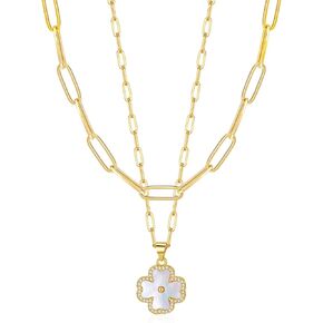 Four Leaf Clover Pendant Necklace Double Layer Chain 14K Gold Plated Birthday Valentine's day Jewelry Gift for Women Wife