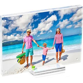 5x7 Magentic Acrylic Picture Frame, Clear Double Sided Frame with Base, Frameless Floating Lucite Photo Frame Stands on Desk Table Horizontally or Vertically
