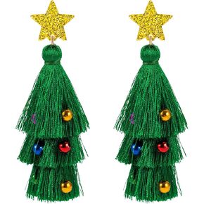 SELOVO Colorful Beads Christmas Tree Green Tassel Earrings Bohemian Dangle Drop Earring for Women Holiday
