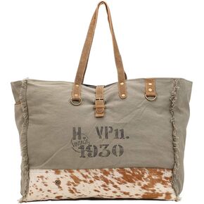 Myra Bag Viridescent Upcycled Canvas & Cowhide Weekender Bag S-1444