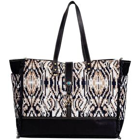 Myra Bag Weekender Bag for Women - Western Upcycled Canvas and Leather Shoulder Tote Bag Black, S-8887
