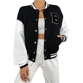 Milumia Women's Letter Print Color Block Oversized Varsity Baseball Jacket Button Down Bomber Jacket Coat Outwear