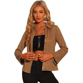 Allegra K Women's Faux Suede Jacket Button Up Long Sleeve Casual Shirt