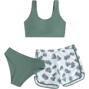 COZYEASE Girls' 3 Piece Swimsuit Tropical Print Bikini Bathing Suit with Shorts