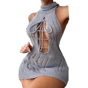 SNOMYRS Virgin Killer Sweater Mesh Backless Turtleneck Pullover Sweater Dress Open Back Japanese Sexy Cosplay Lingerie Costume