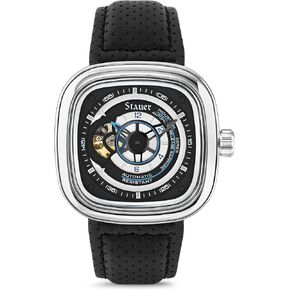 Stauer Square Skeleton Automatic Watch for Men – 44mm Silver Cushion Case, Black Open Heart Dial, 21-Jewel Mechanical Movement, Leather Strap
