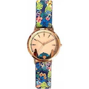 Accutime Women's Disney Lilo & Stitch Blue Gradient Analog Quartz Wrist Watch with Small Face, Gold Accents for Girls, Floral Print on Watch Band (Model: LAS5019AZ)