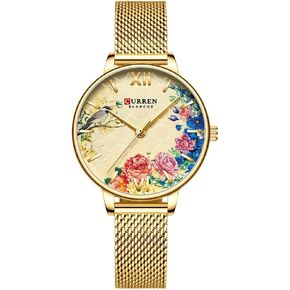 RNONDRY Unique Gold Watches for Women Dainty Bird & Flower Womens Watches Large Face Ladies Wrist Watch Mesh Band